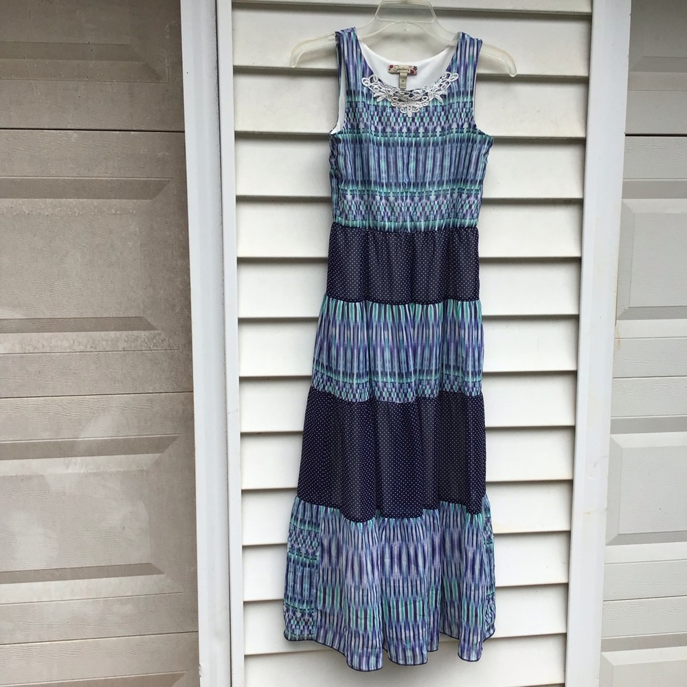 Speechless Dress Girls Sz 14 Maxi Blue Striped Dotted Patchwork Tiered Skirt